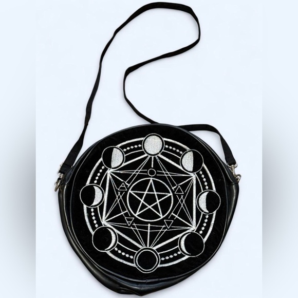 Restyle Handbags - Restyle Black Embroidered Moon Phases Round Shoulder Bag Goth Witchy